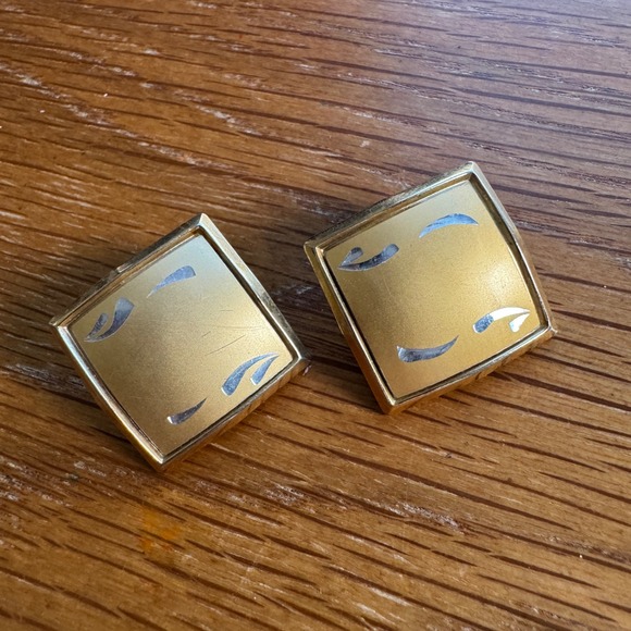 Jewelry - Vintage Gold‎ Tone Etched Square Clip On Earrings Metal Silver Accent MCM